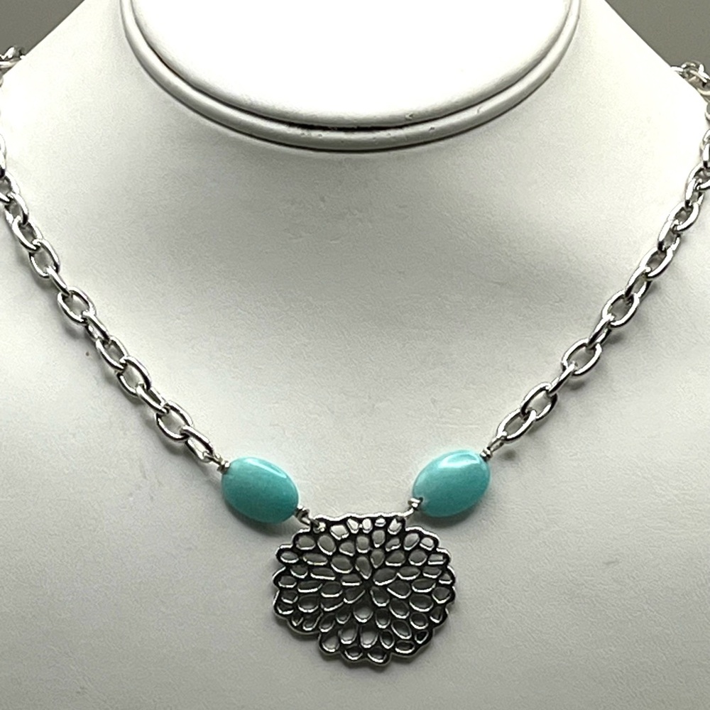 Silver Tone Ornate Filigree Amazonite Gemstone Beaded Necklace